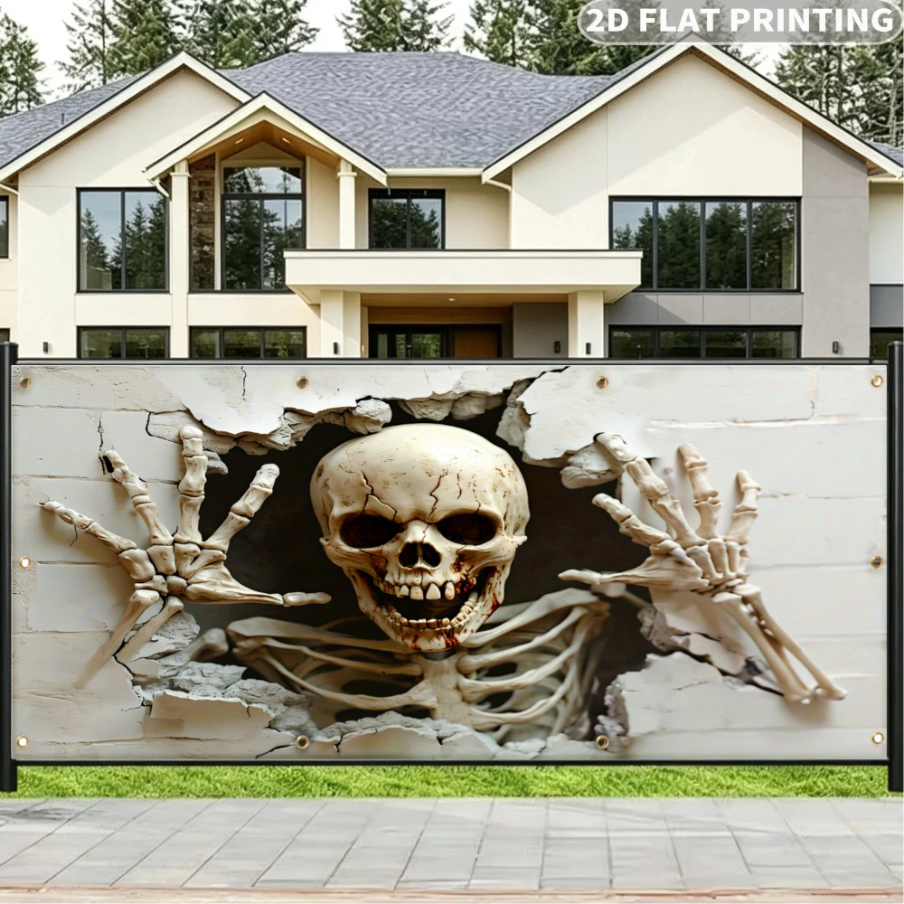 1pc 2D FLAT Skull Breaking Through Wall Print Garden Privacy & Protective Screen, Decorative Polyester Banner, Ideal for Garden