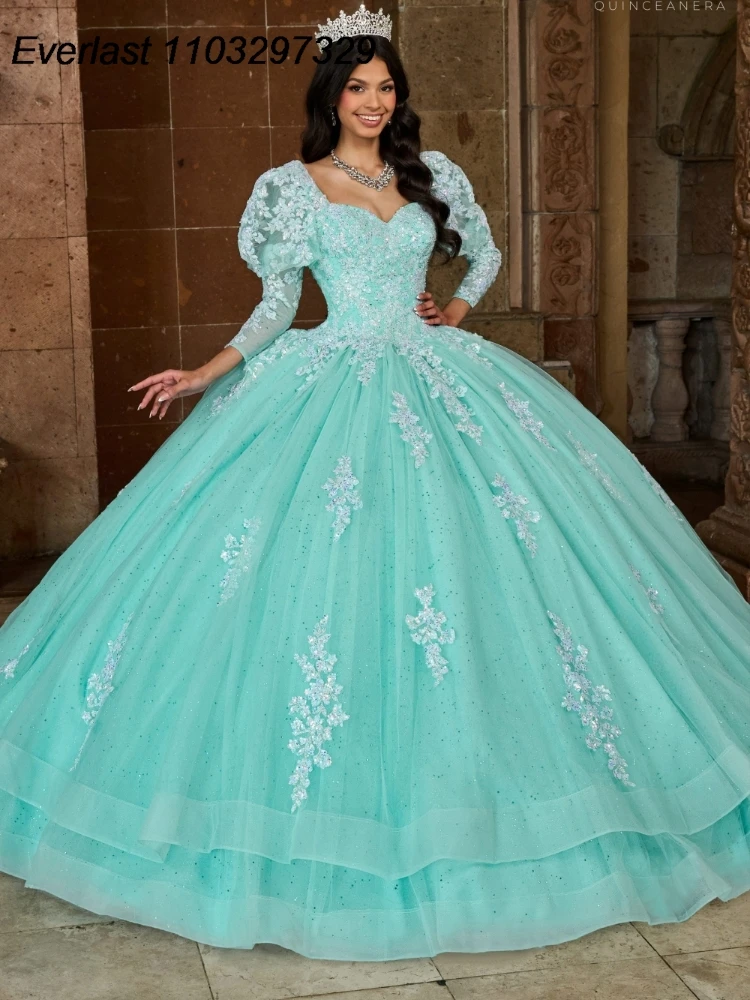 EVLAST Customized Mint Quinceanera Dress Ball Gown Lace Applique Beading Crystal Tiered Sweet 16 Vestido De 15 Anos TQD442