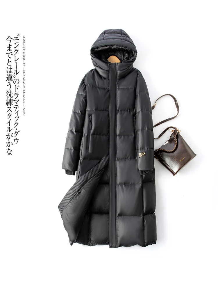 Cappotto in Vera Pelle Haining da Donna, Lunghezza Media, Nuovo Modello Invernale, Taglia Grande, Bianco, con Cappuccio in Piuma d'Oca e Pelle di Pecora