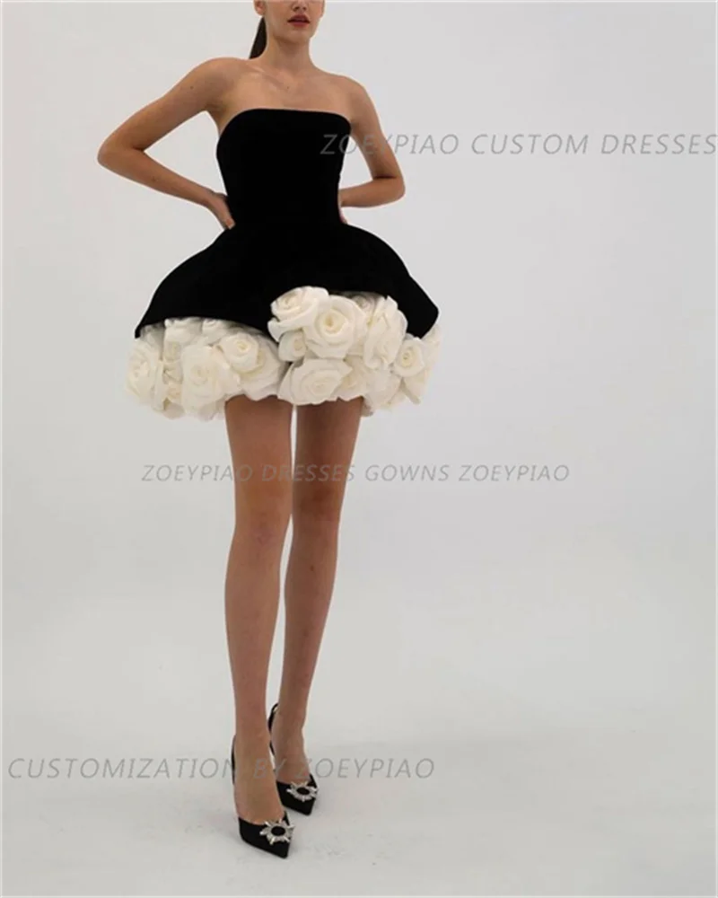 Mini vestido de veludo curto, vestidos de baile, tutu fofo, vestidos de noite, vestido de formatura, flores de veludo preto ou branco, novo