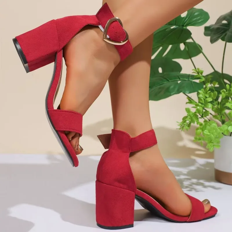 Nuovi sandali con tacco largo da donna punta quadrata punta aperta cinturino in metallo scamosciato antiscivolo tacchi alti resistenti all'usura