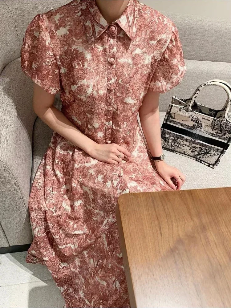 Vintage National Style Printed Long Dress Women Turn Down Collar Puff Sleeve Slim Waist Vestidos Mujer Spring Summer 2024 Robes