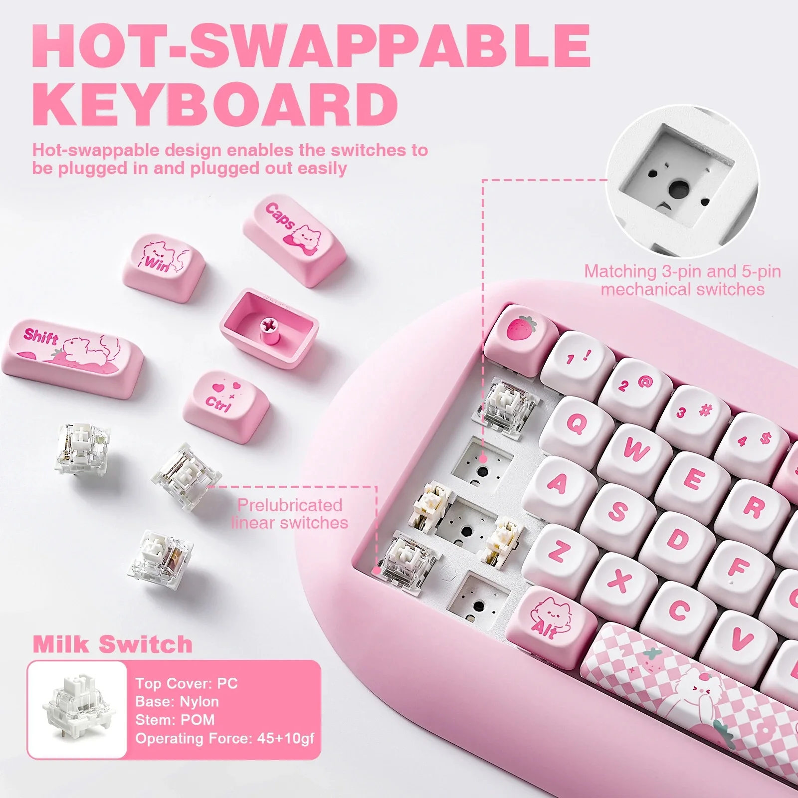 Imagem -04 - Yunzii-cute Cat Silicone Teclado Mecânico para Jogos Nkro Rosa Teclado Ergonômico sem Fio Bluetooth 5.0 2.4g Rgb 65 Hi-fi C68