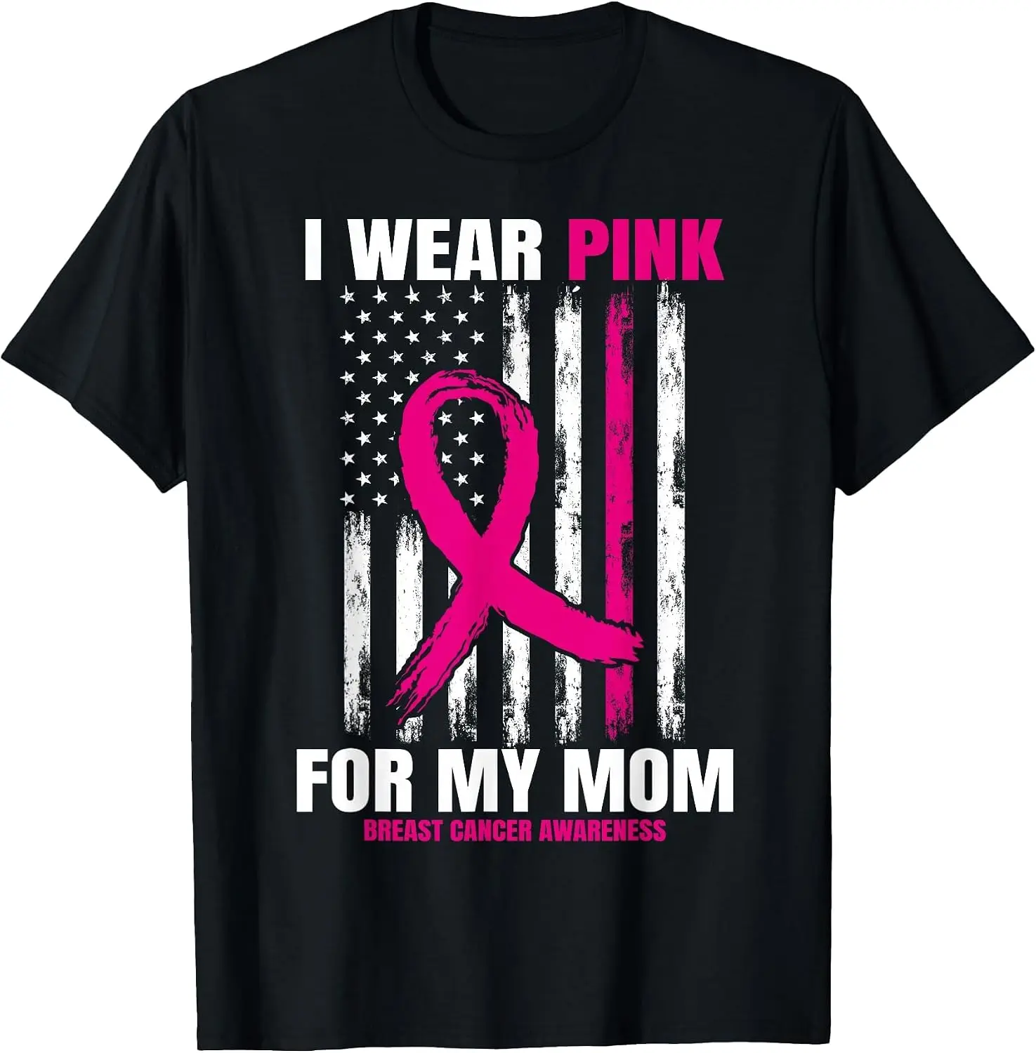 I Wear Pink For My Mom Breast Cancer Awareness American Flag T-Shirt Halloween Loose-Fit Pure Cotton Short-Sleeve Top – Stylish, Breathable, Plus-Size – Christmas Gift