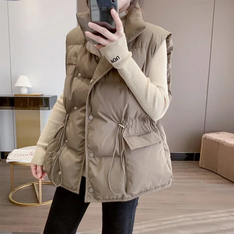 

Women Parkas Sleeveless Solid Color Vests Covered Button Zipper Pockets High Street Outerwear Cardigan Casual Autumn 2023