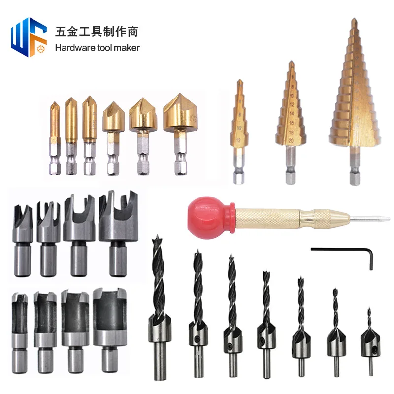 26pcs Drill Bit Set Hexagonal Handle Pagoda Drill Bit Gold Hole Positioning Punch Five Edge Chamfer