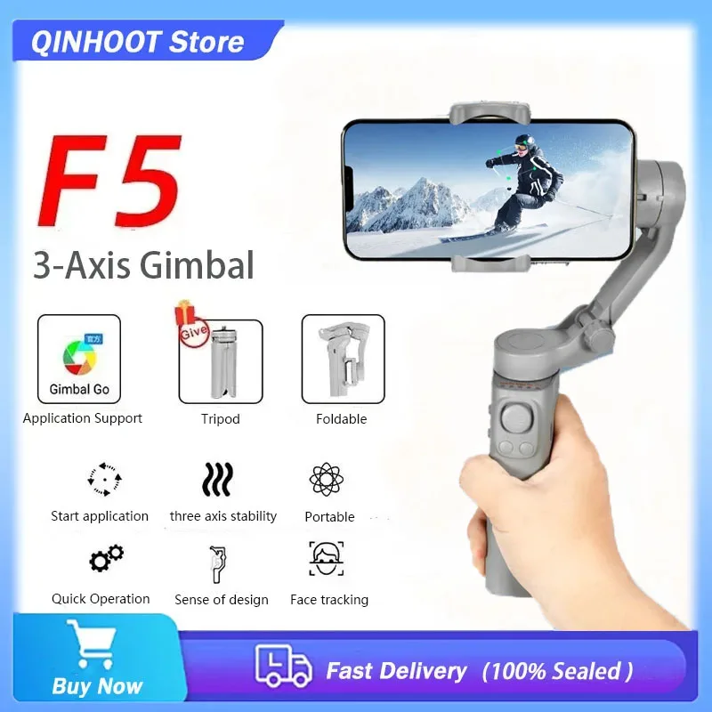 

3-осевой ручной гиростабилизатор QINHOOT F5, складной стабилизатор для смартфонов iPhone, Samsung, Xiaomi, Huawei