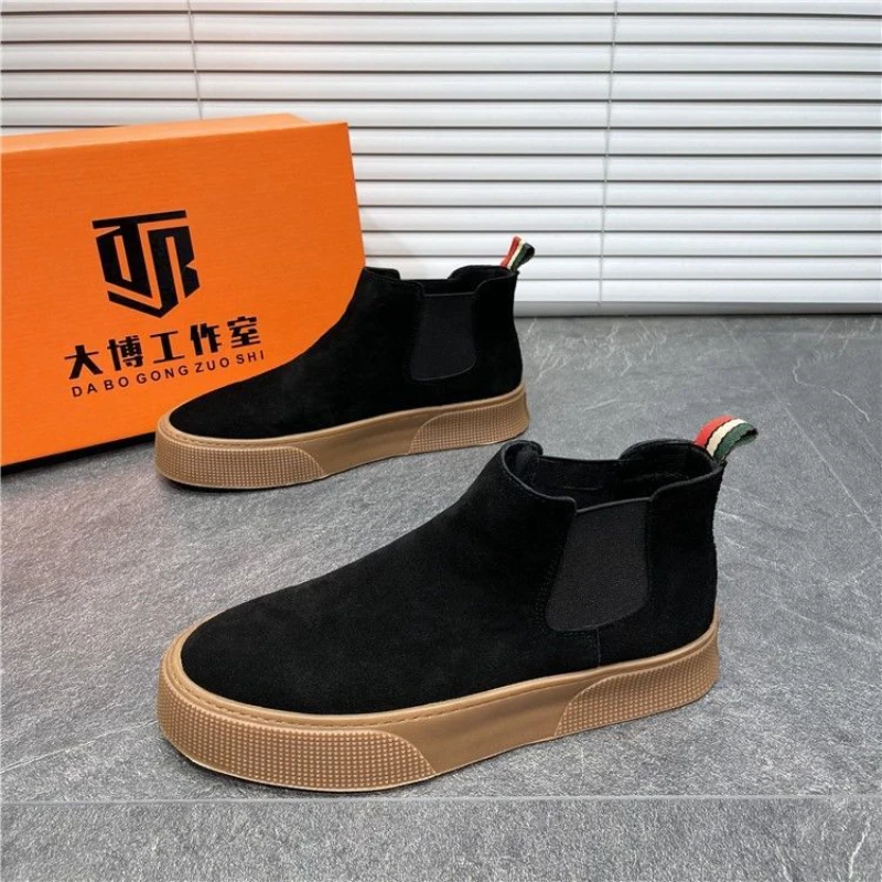 2022 Winter Men Leather Boots Slip-On Ankle Boots Suede Leather Designer Shoes Luxury Brand Flat Shoes High Quality Mens Loafers