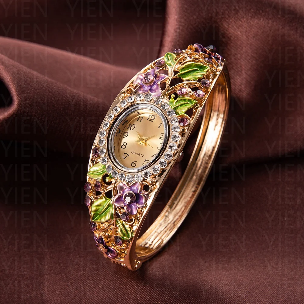 المرأة الإسورة سوار ساعة فاخرة ريترو كريستال زهرة ساعات كوارتز للمرأة موضة أنيقة السيدات ساعات المعصم Reloj Mujer