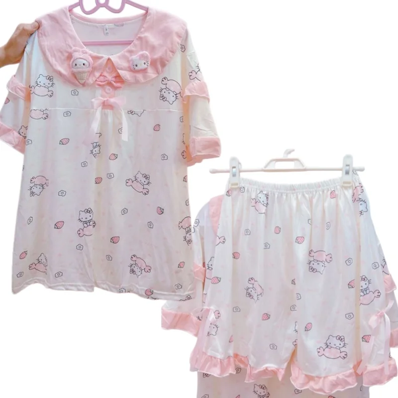 

Комплект домашней одежды Sanrio Hello Kitty: летний кружевной пижамный комплект для девочек в стиле принцессы, милый мультяшный дизайн, шорты с короткими рукавами для сна и отдыха