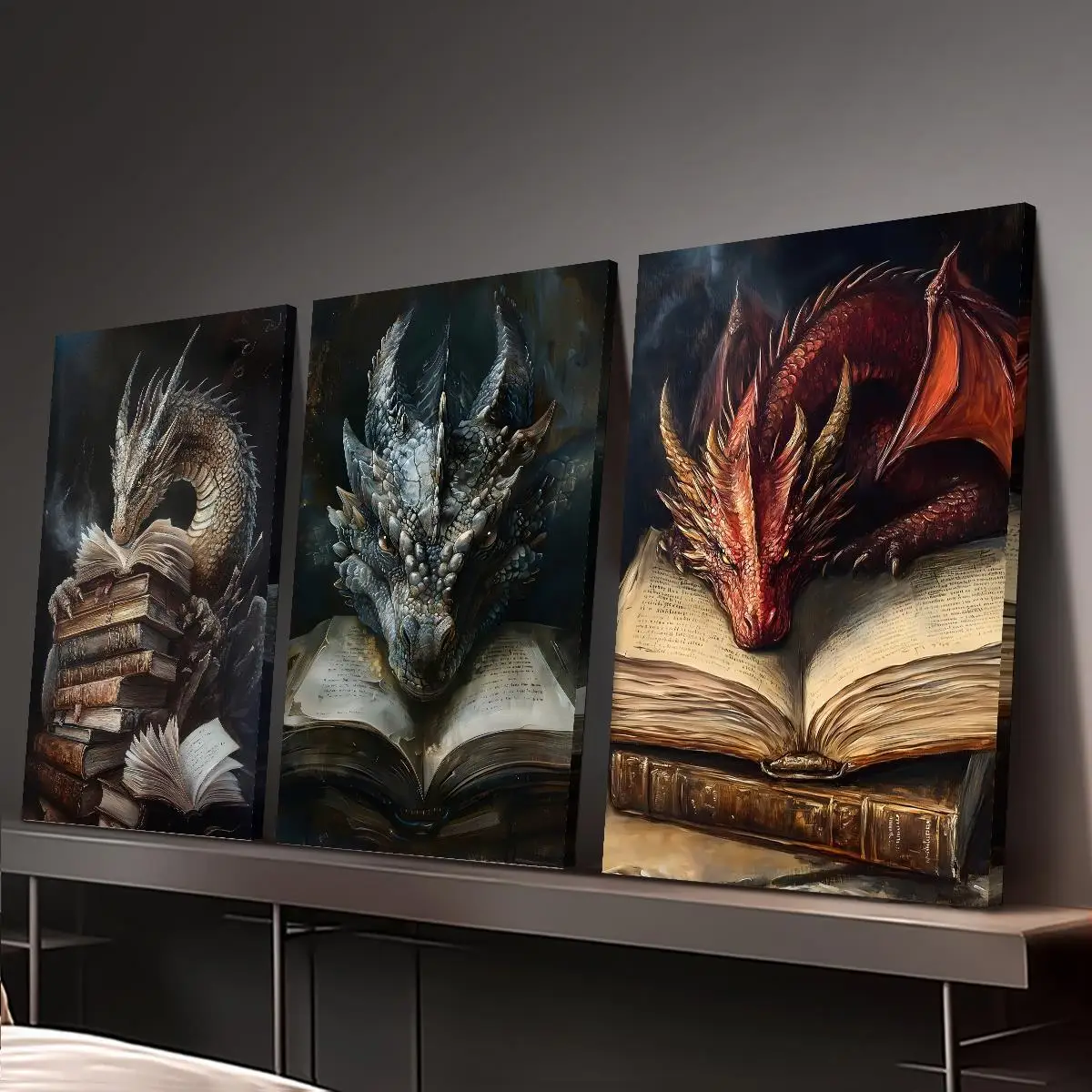 3-Panel Frameless Canvas Wall Art - Mythical Dragons on Books Fantasy Decor, Vintage Ink Printed Vertical Paintings for Livin