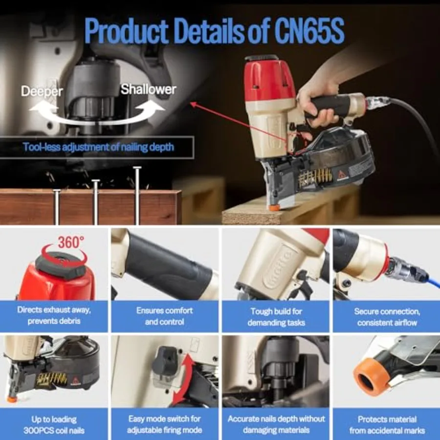 Pistola pneumática para unhas de revestimento, pistola leve com bobina de ar com profundidade do prego do nariz de segurança e ajuste de escapamento 360