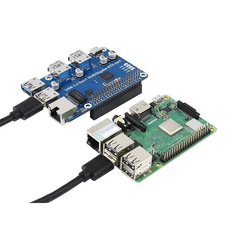 Raspberry Pi 4 3B USB Hub 3.2 Gen1 Expansion Board with Gigabit Ethernet Port, 3 USB Ports & Type-C Power Supply, Driver-Free