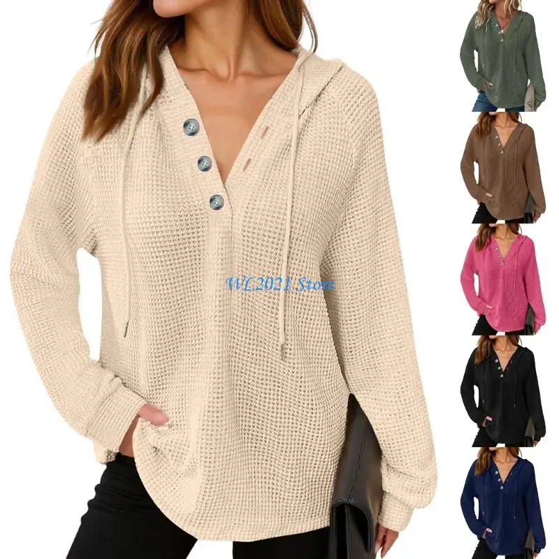 

G5GC Hoodies for Women Knit V Neck Oversized Sweatshirt Button Down Drawstring Hooded Pullover Tops for Fall