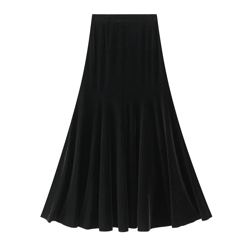 Retro design with black embroidery A-line skirt, women's high waisted ghost velvet Gothic fishtail skirt, mid length skirt