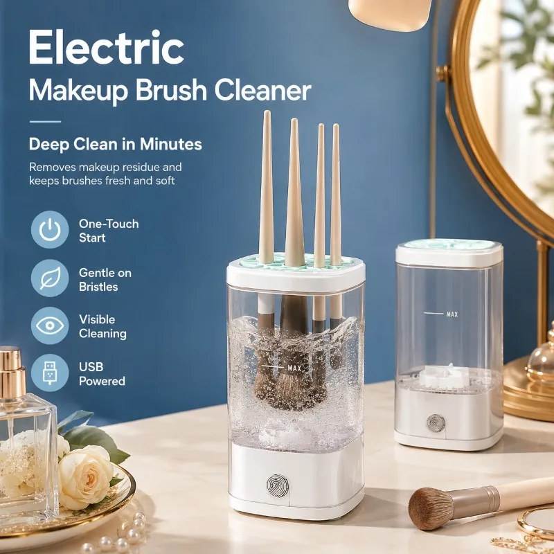 Machine de nettoyage de pinceaux de maquillage USB, laveur automatique de pinceaux avec séchage rapide, stérilisation UV et support de rangement
