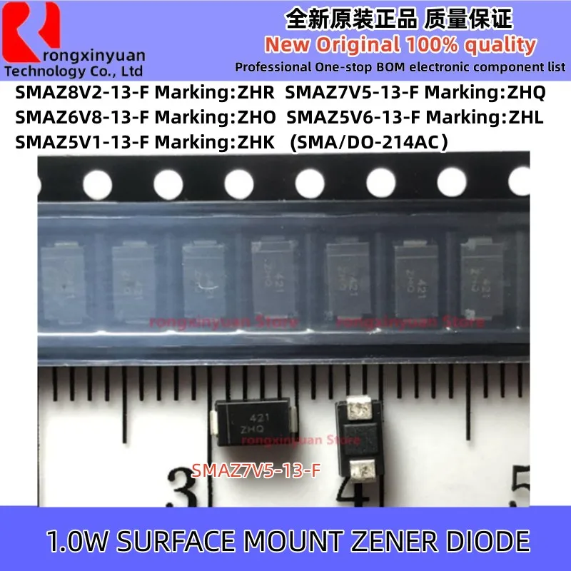 50pcs SMAZ8V2-13-F SMAZ8V2 SMAZ7V5-13-F SMAZ7V5 SMAZ6V8-13-F SMAZ6V8 SMAZ5V6-13-F SMAZ5V6 SMAZ5V1-13-F SMAZ5V1 SMA/DO-214AC Novo