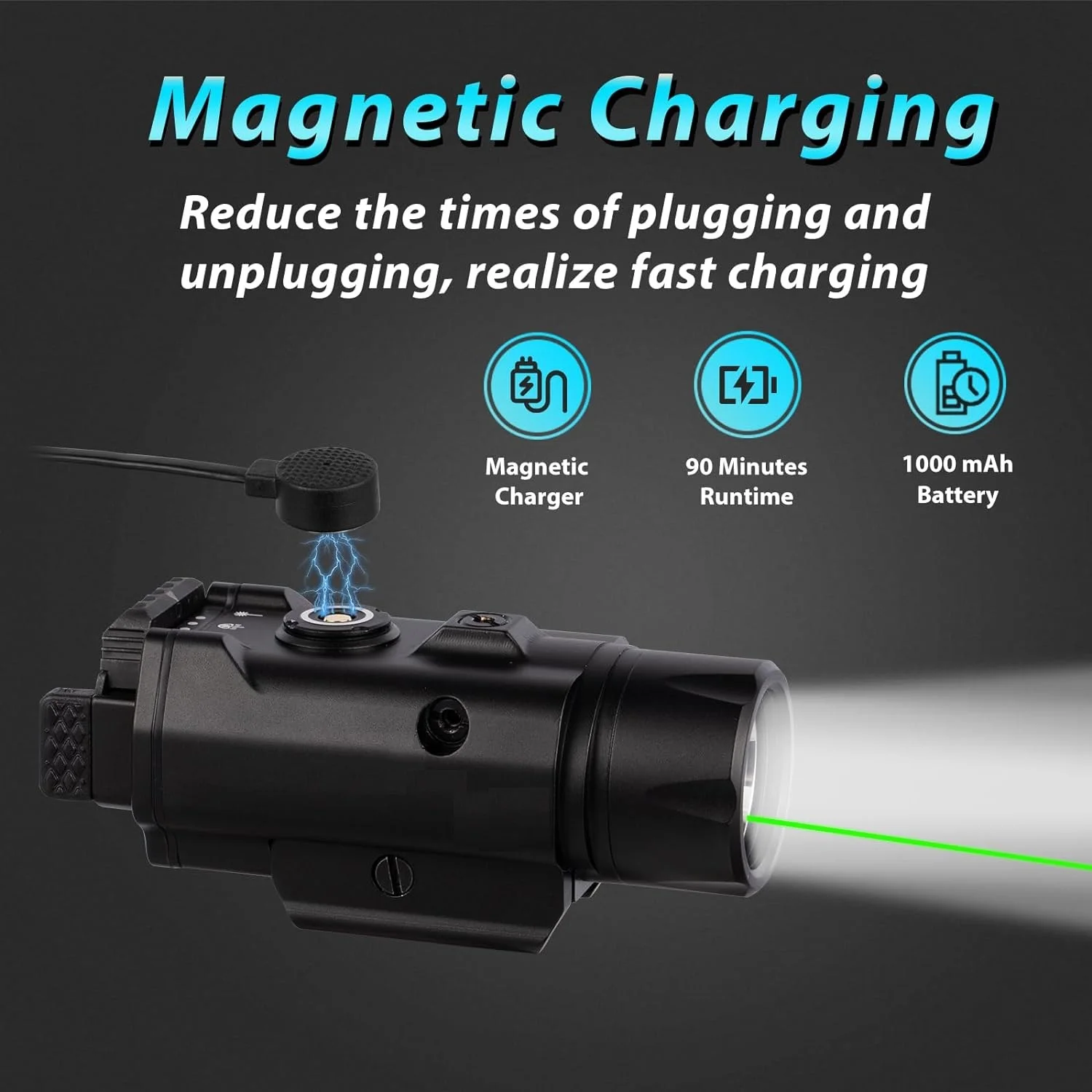 Richfire Tactical LED Flashlight 1500Lumens Green Laser Pistols Laser Light with Magnetic Charging for Taurus 20mm Rail Mounted