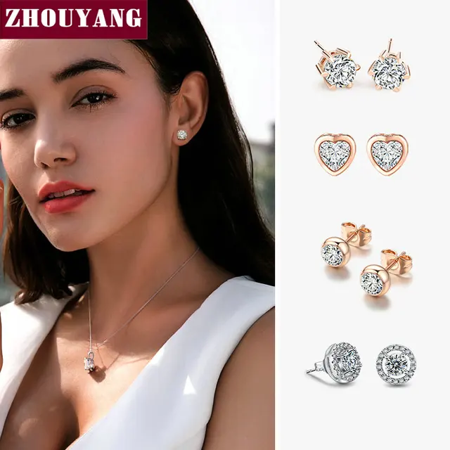 ZHOUYANG Kolczyk sztyft dla kobiet 27 Styl Klasyczna cyrkonia sześcienna Ślub Różowe złoto i kolor srebrny Biżuteria modowa E035