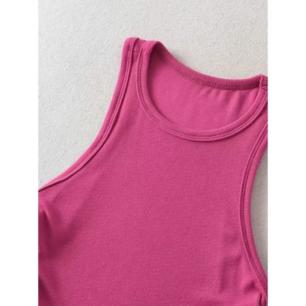 

Summer New Side Pleated Slim Fit Short Vest round Neck Solid Color Women's Fashion Top for Wholesale