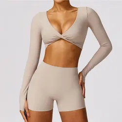 Chemise de sport à manches longues pour femmes, haut court, chemises de fitness, vêtements de course à pied, entraînement, yoga, vêtements de sport en Y avec trou pour le pouce