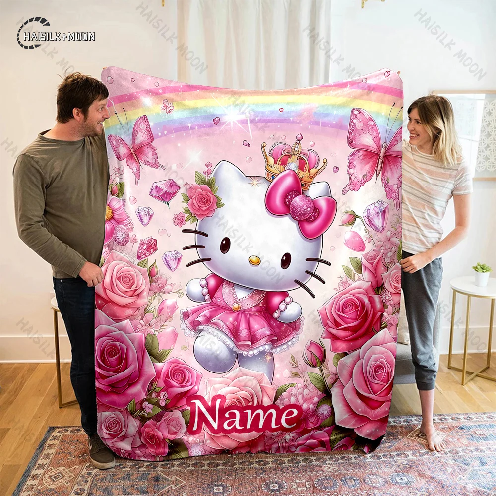 Custom Name Personalized Blanket Sanrio Hellowkitty Print Adult Children Warm Blankets and Comfortable Blanket Holiday Girl Gift