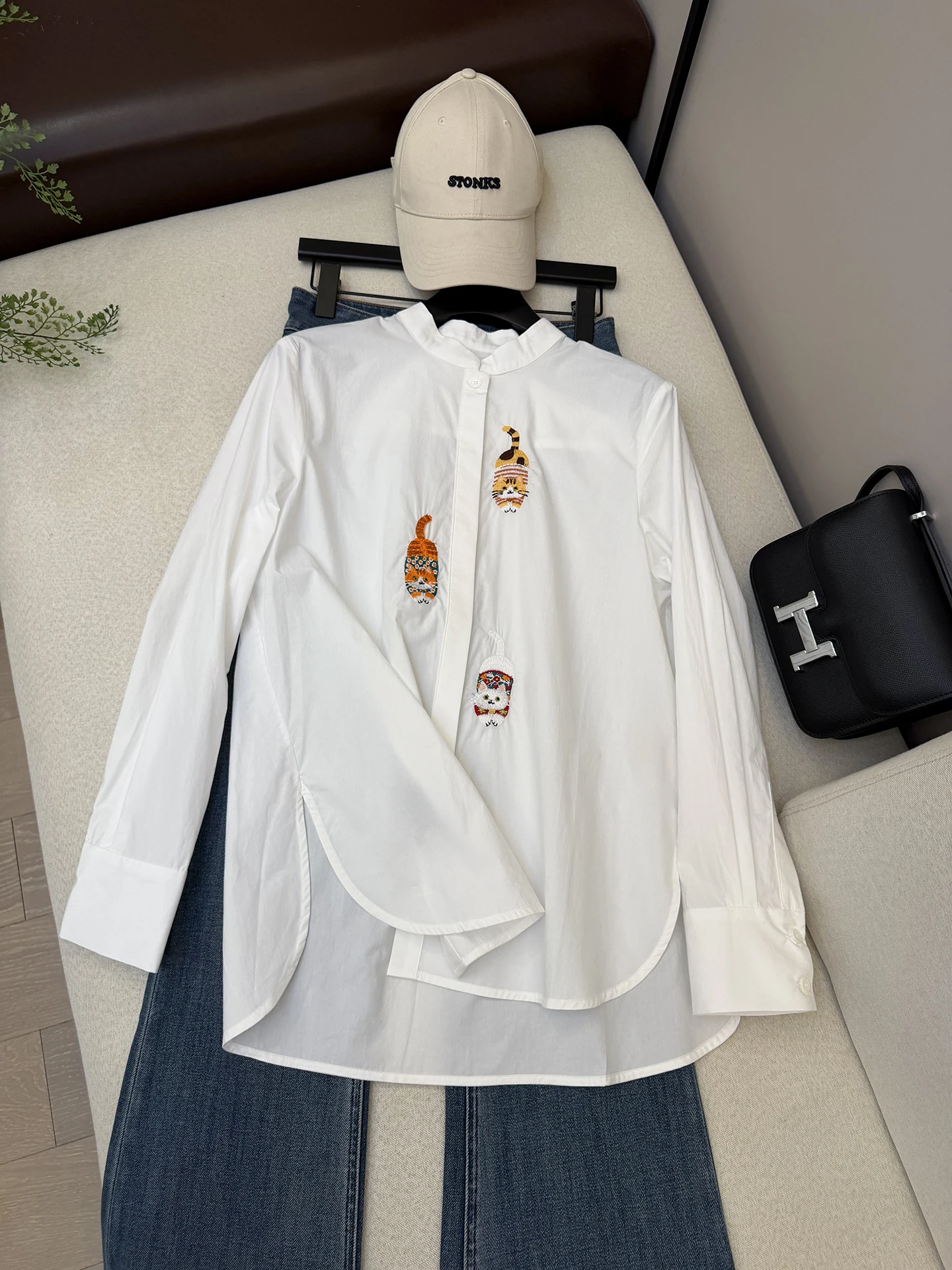 

Ele Embroidered Long Sve irt Stand Collar Breathable Cotton Casual Sle Unique Design White Color Women's Top