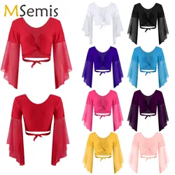 Tops de danza del vientre con cordones para mujer, top de malla con cuello en V, manga larga acampanada, chal, Bolero, cárdigan, traje de baile para actuación en escenario