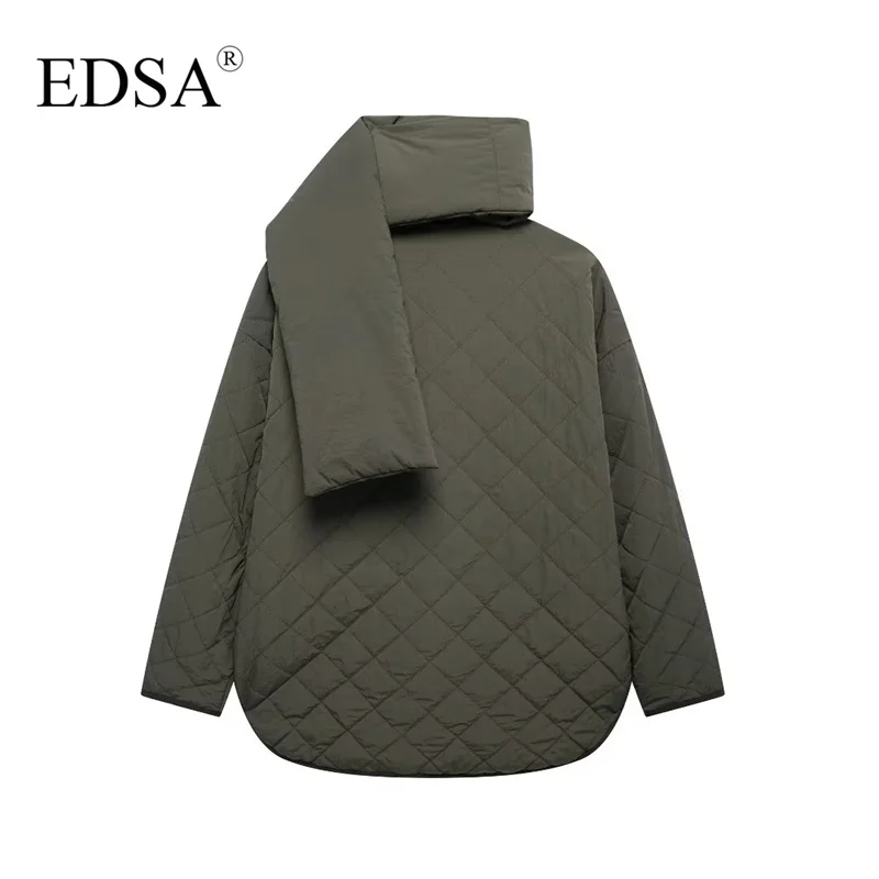 EDSA Women Padded Coat with Scarf Outerwears Retro Snow Parka Elegant Luxury Coat Warm Female Winter Outerwear