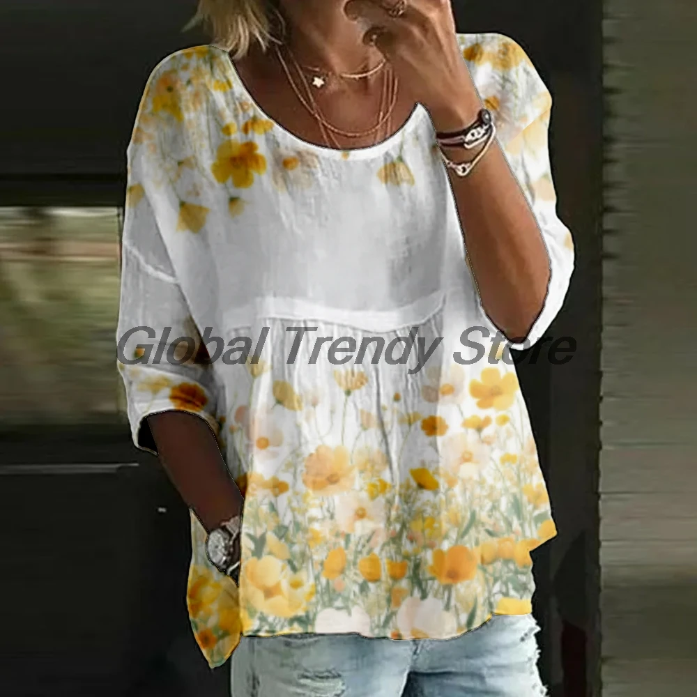 

Women's Daily Floral Print 3/4 Sleeve Blouse Loose Fit Crew Neck Flower Tunic Tops Lady's Top Shirts
