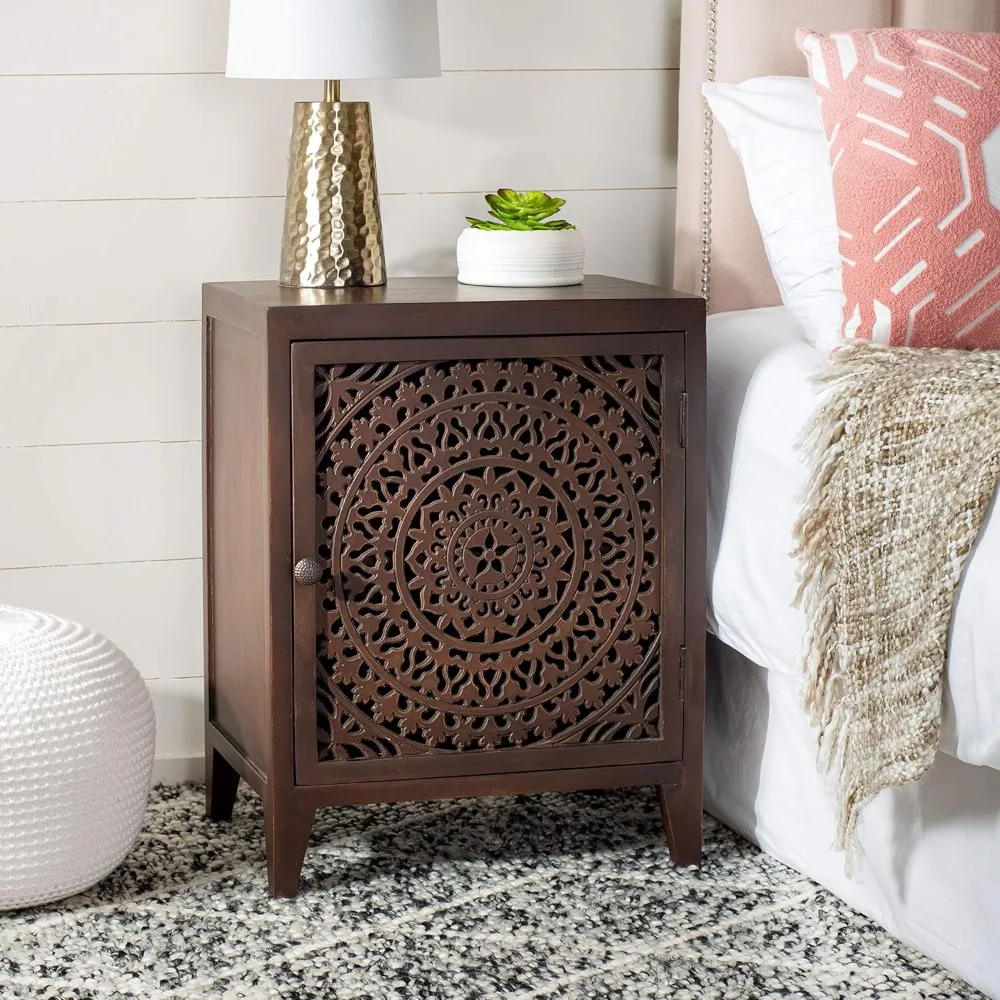 

Home Thea Brown 1-door Carved Mandala Nightstand small cabinet bedroom furniture bedside tables