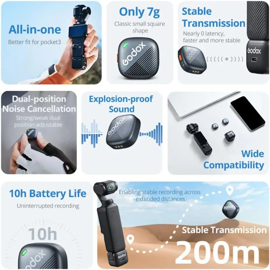 ميكروفون GODOX Cube-OP3 اللاسلكي Lavalier لـ DJI Osmo Pocket 3، إلغاء الضوضاء، عمر البطارية 10H، ميكروفون لاسلكي صغير للكاميرا