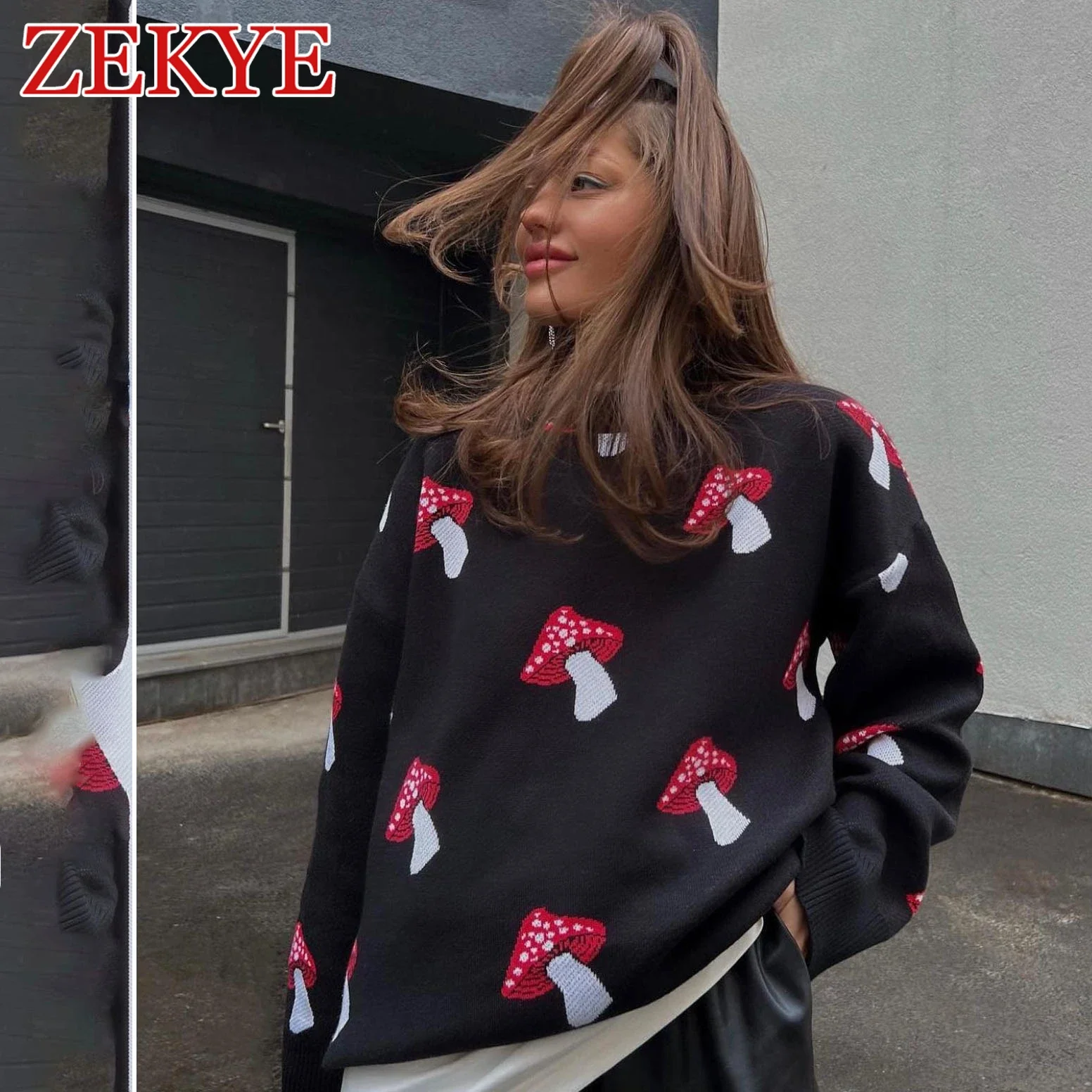 

Zekye Mushroom Graphic Cute Black Sweaters Women Winter Loose Long Sleeve Knitwear Casual Basic Outwear Autumn Pullover Elegant