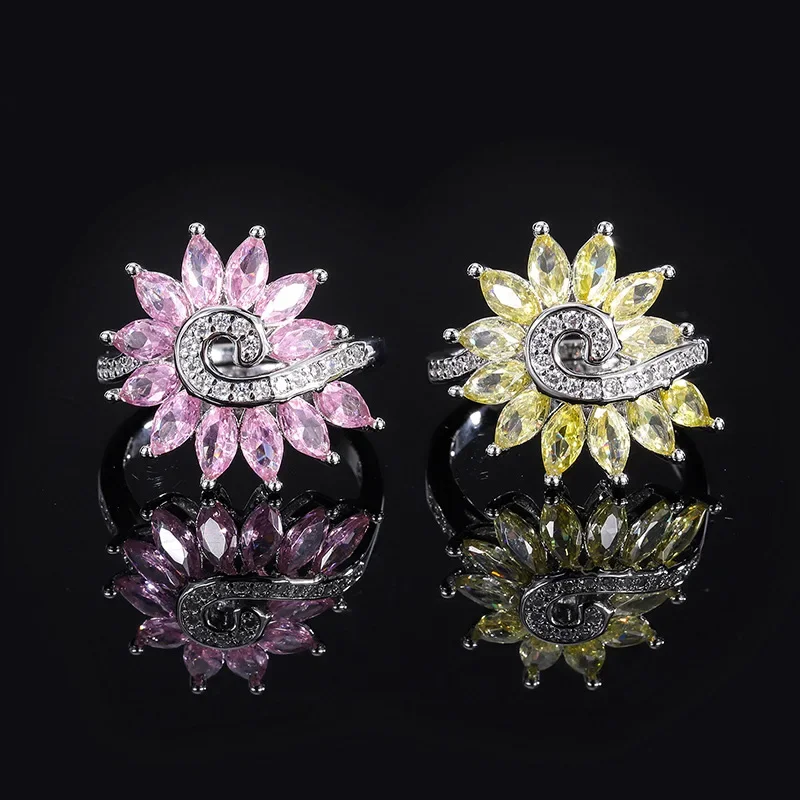 

Charms Pink High Carbon Diamond Note Solar Flower Adjustable Wedding Ring Set Stunning Jewelry Chic Designer Gift for Girlfriend