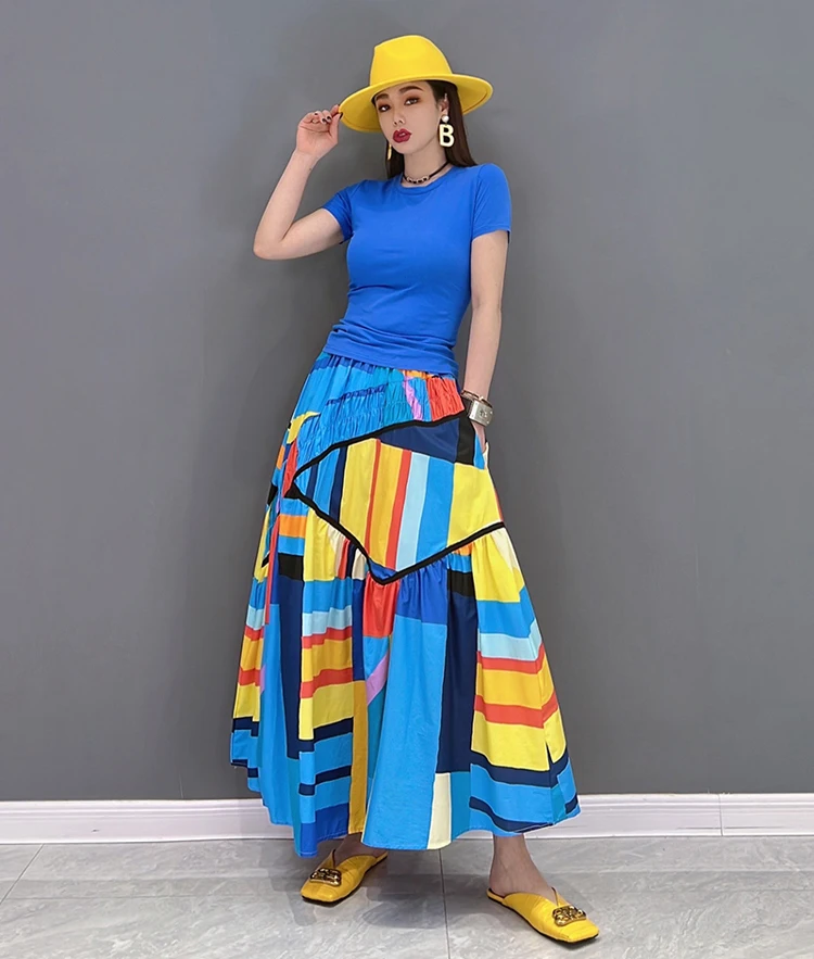 Elastic Waist A-Line New 2023 Summer Korean Style Woman Long Blue Printed Skirt Pockets Loose Fit Casual Holiday Skirt JJSK031