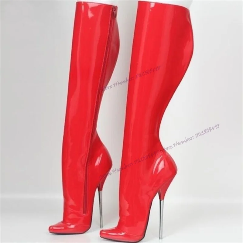 Red Metal Extreme High Heel Boots Knee High Patent Leather Pointed Toe Shoes for Women Sexy Lady Shoes 2023 Zapatos Para Mujere