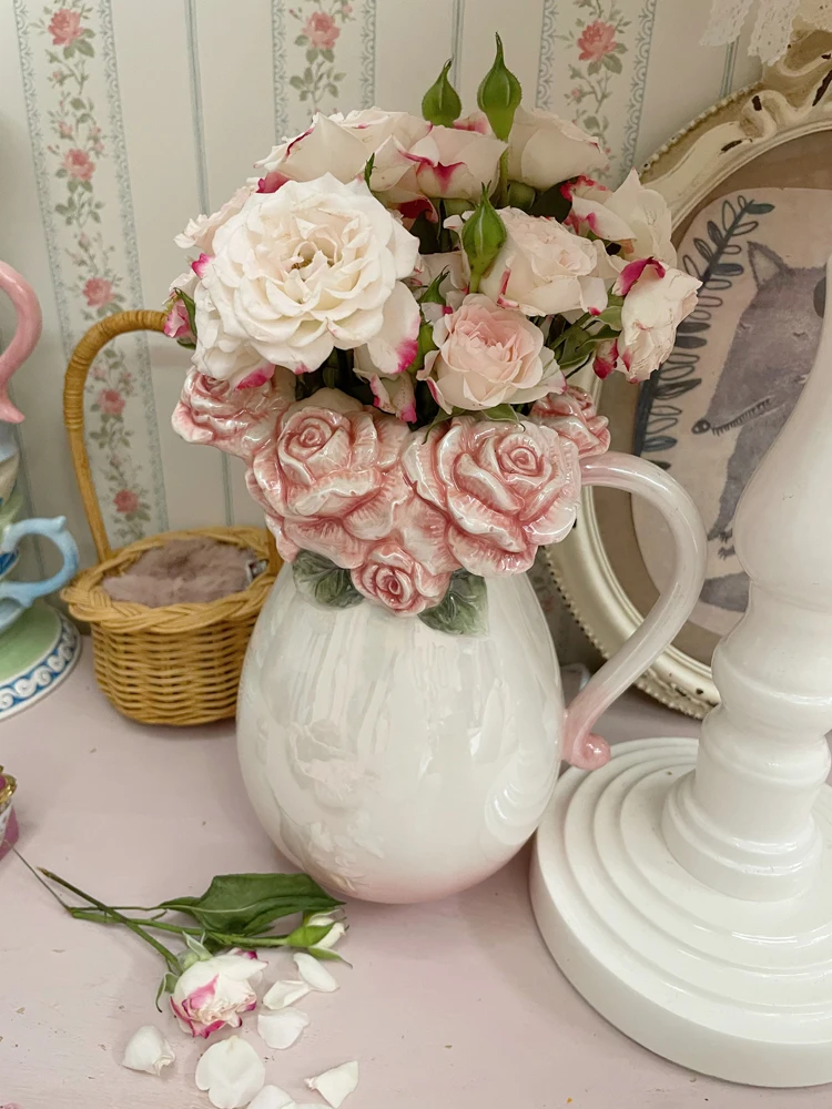 

Romantic Pink Rose Flower Vase Vintage Ceramic Water Bottle Home Decor French Style Medium Size for Living Room Bedroom Dinin...