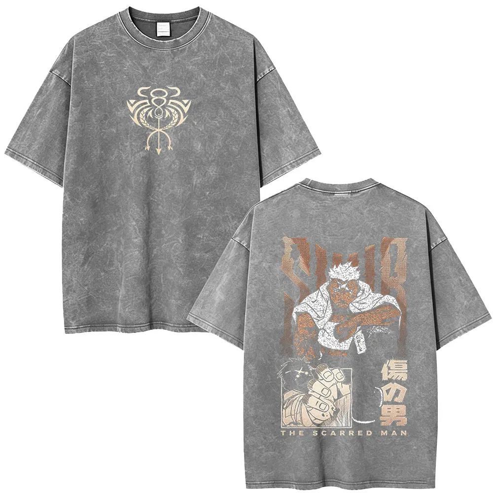 Anime Fullmetal Alchemist THE SCARRED MAN Scar Vintage Washed T Shirt Men's Women Fashion Oversized Casual Short Sleeve T-shirt