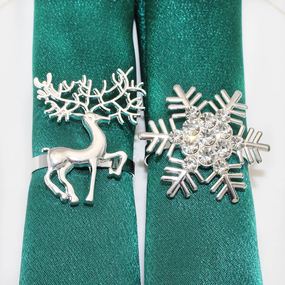 12Pcs Christmas Deer Napkin Rings Silver Rhinestone Snowflake Napkin Holder for Xmas New Year Holiday Wedding Table Decoration