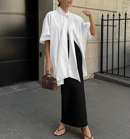 

Women's Shirt Summer New Style French Fashion Elegant Personalized Design Tie Splicing Button Front Loose Short Sleeved Shirt