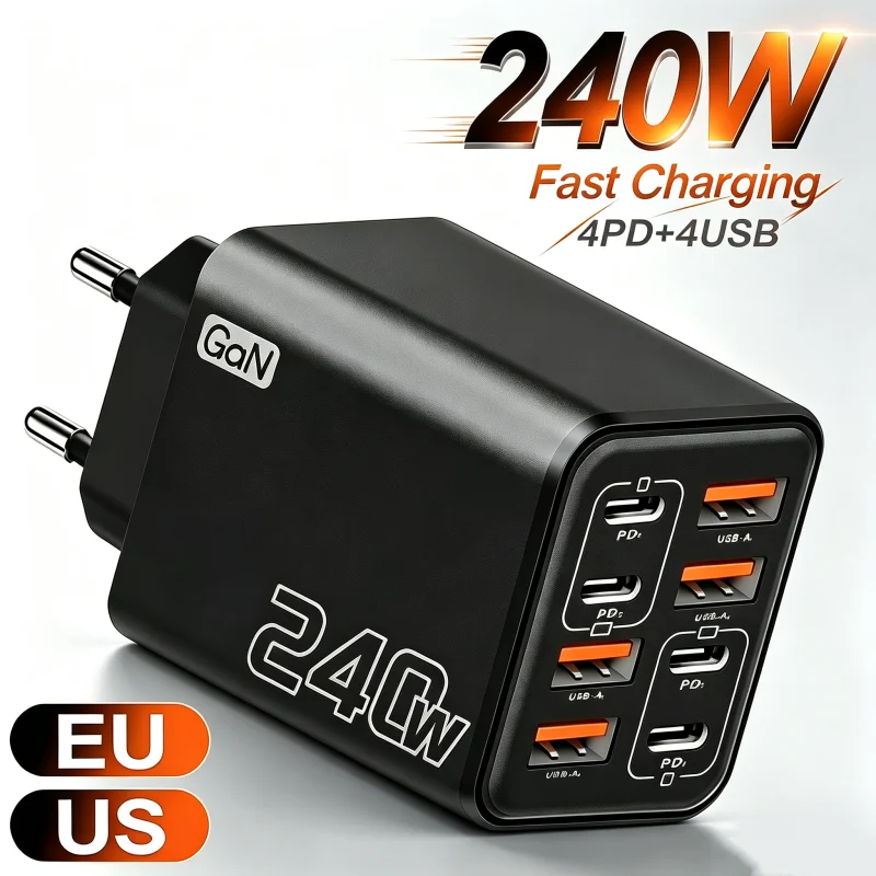 240W GaN USB C Charger Fast Charging 8 in 1 Phone Charger Power Adapter For iPhone Samsung Xiaomi Type C EU/US Plug Wall Charger