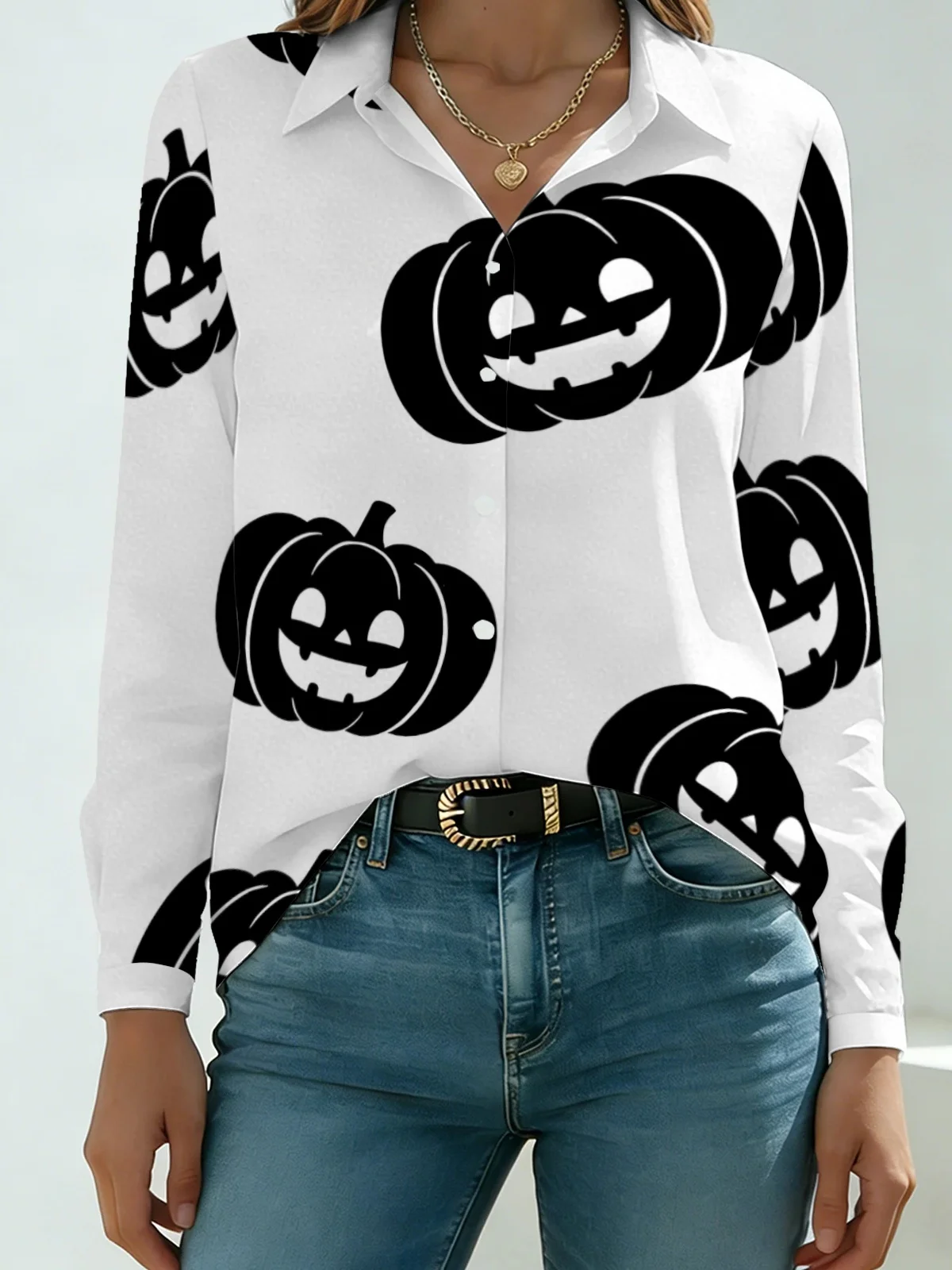 Plain Minimal Pumpkin Silhouette Womens Collared Shirt Clean White Base Scattered Black Jack-o-lantern Allover Print Long Sleeve