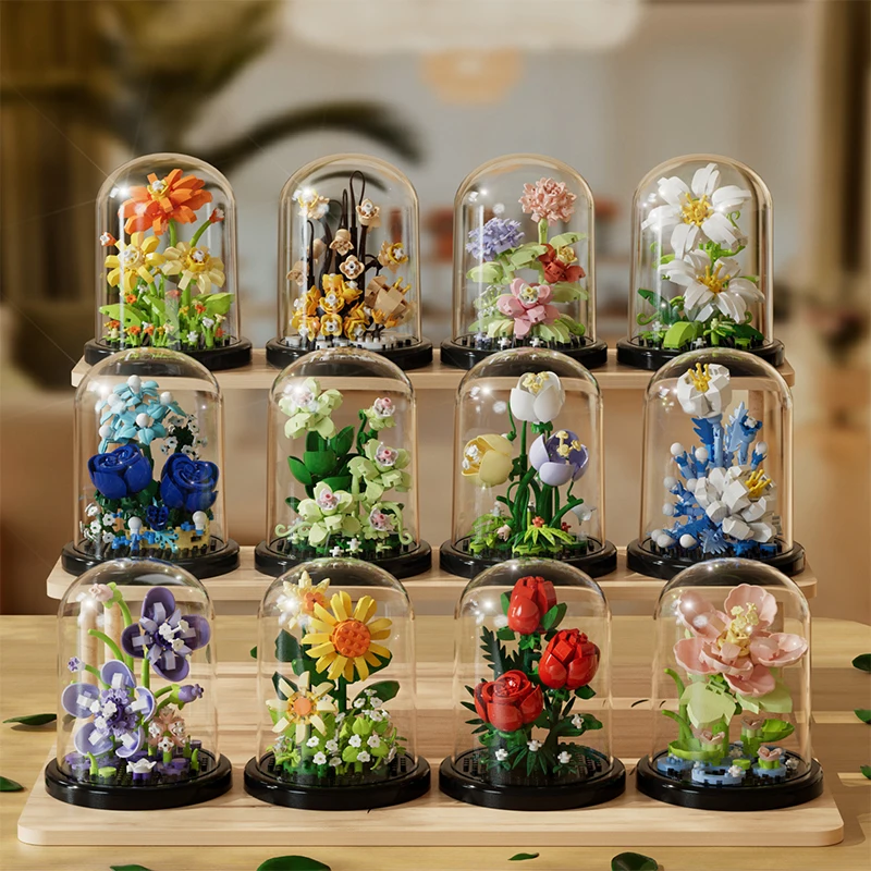 Flower Rose  Building Block with Dust Covers Simulation Bouquet Creative Puzzle Bricks Gifts Eternal Flower Home Decoration