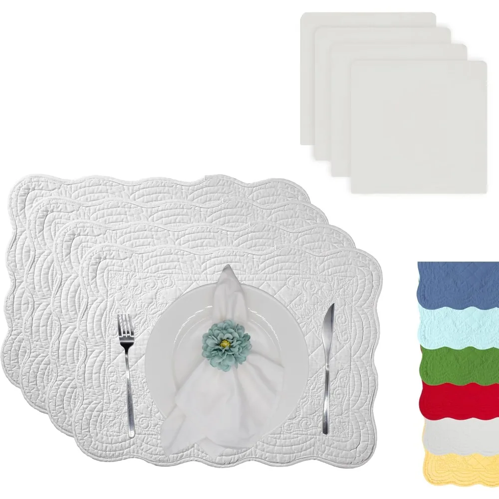 

4-Piece Quilted Placemats and Napkin Set - 100% Cotton Table Linen Collection