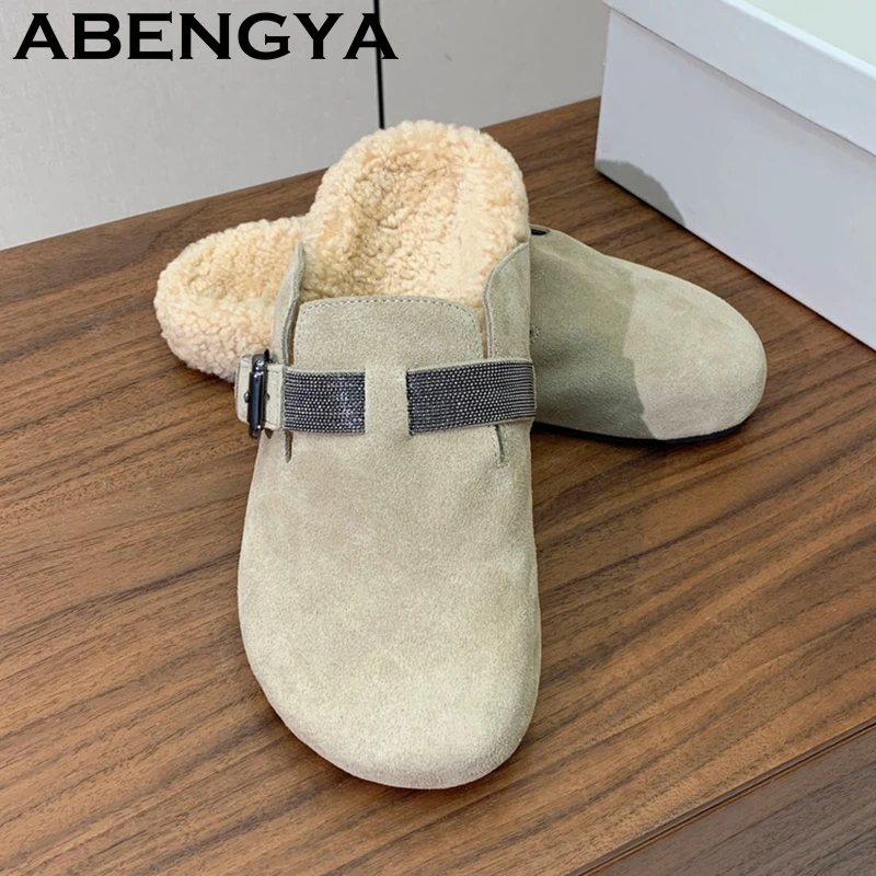

2025 Winter Warm Wool Slippers For Women Suede Leather Round Wrap Toe Flat Mules Female Casual Comfort Fur Half Slippers Mujer