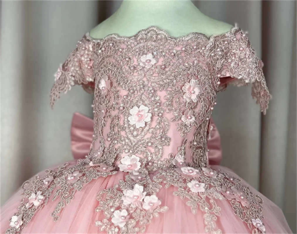 Customized Pink Flower Girl Dress for Wedding Appliques Bow High Waist Floor Length Elegant Kids Birthday First Communion Gown