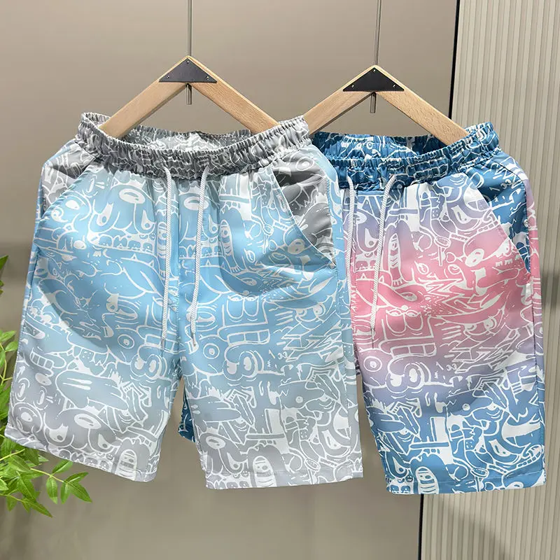 Trend Versatile Summer Men\'s Elastic Waist Drawstring Printing Pocket High Street Casual Loose Straight Knee Length Beach Pants