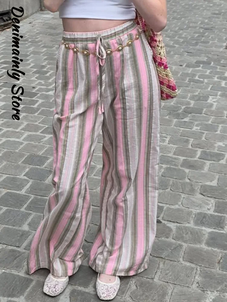 Fashion Women's Contrast Striped Lace Up Pants Loose Elastic Waist Wide Leg Female Trousers 2026 Summer Lady Fashion Chic Pant