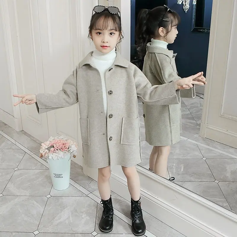 Children Woolen Coat Fashion Single Breasted Long Sleeved Girls' Windbreaker