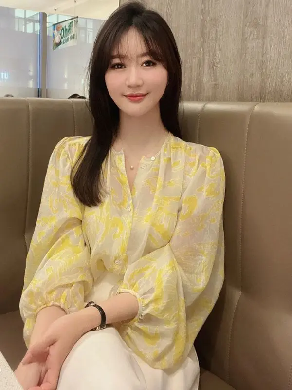 

Korean Style Spring Autumn New Bubble Sleeve Lightweight Sun Protection Print Loose Personality Long Sleeve Shirt Top Trendy
